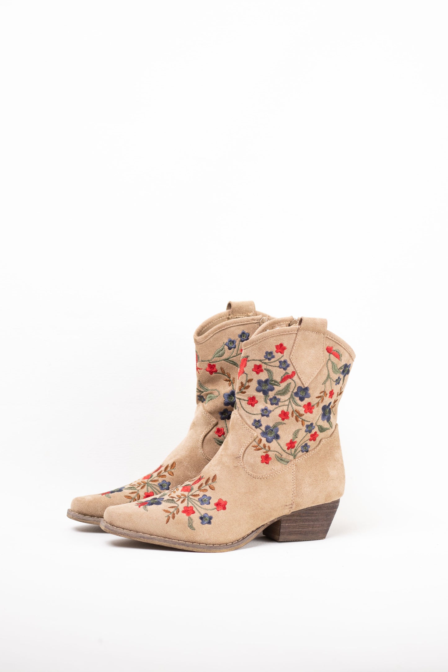 botines cowboy mujer tacon bajo con bordado de flores de colores Beige 41