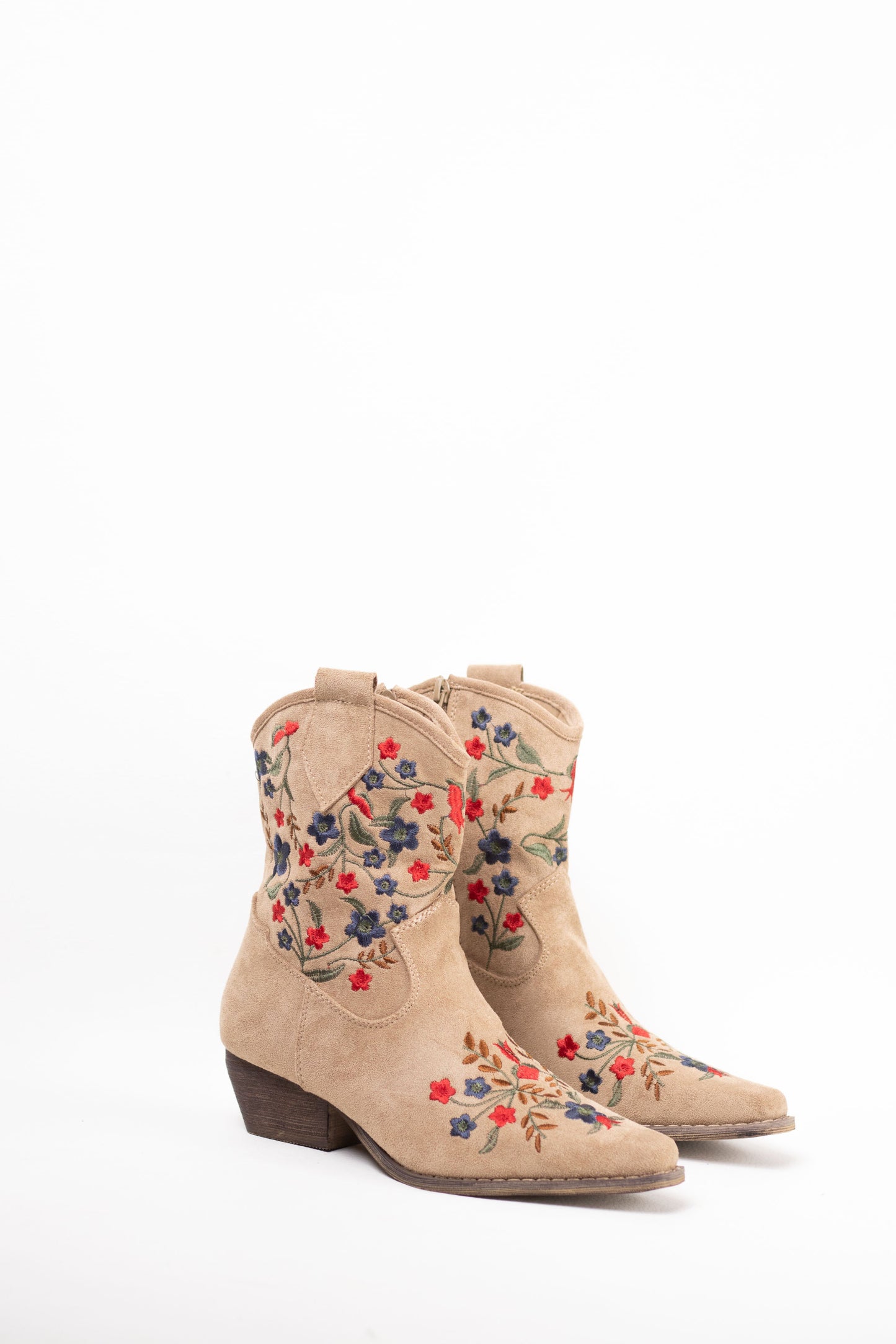 botines cowboy mujer tacon bajo con bordado de flores de colores Camel 37