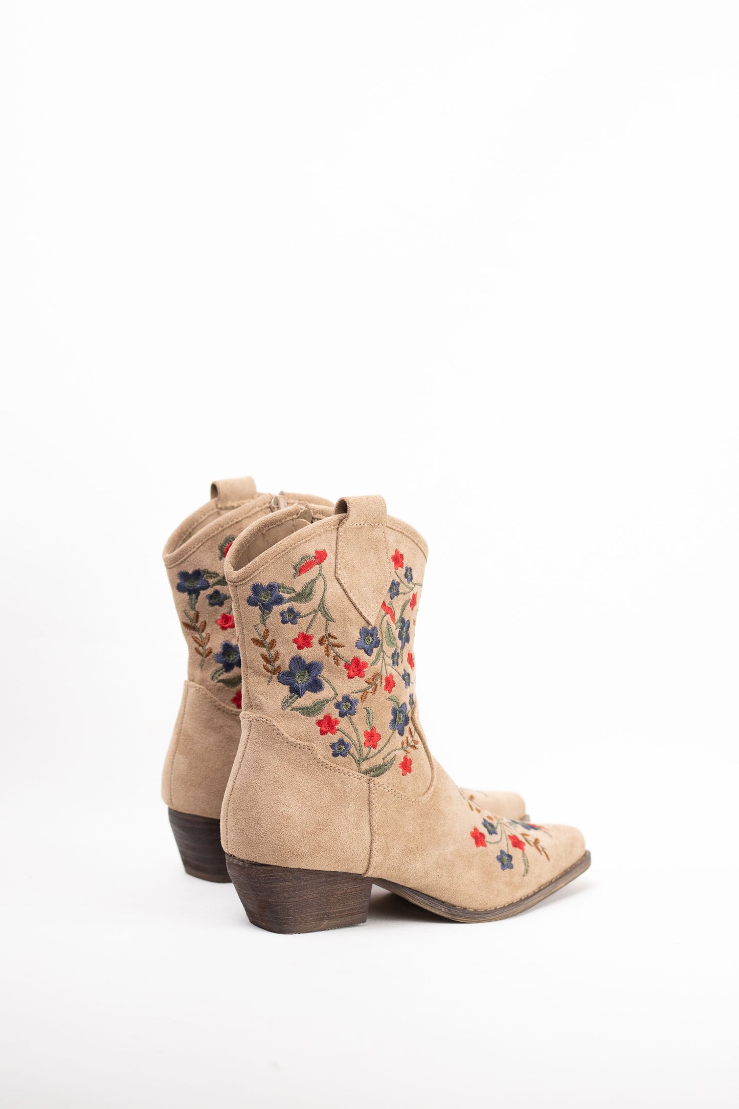 botines cowboy mujer tacon bajo con bordado de flores de colores Camel 38