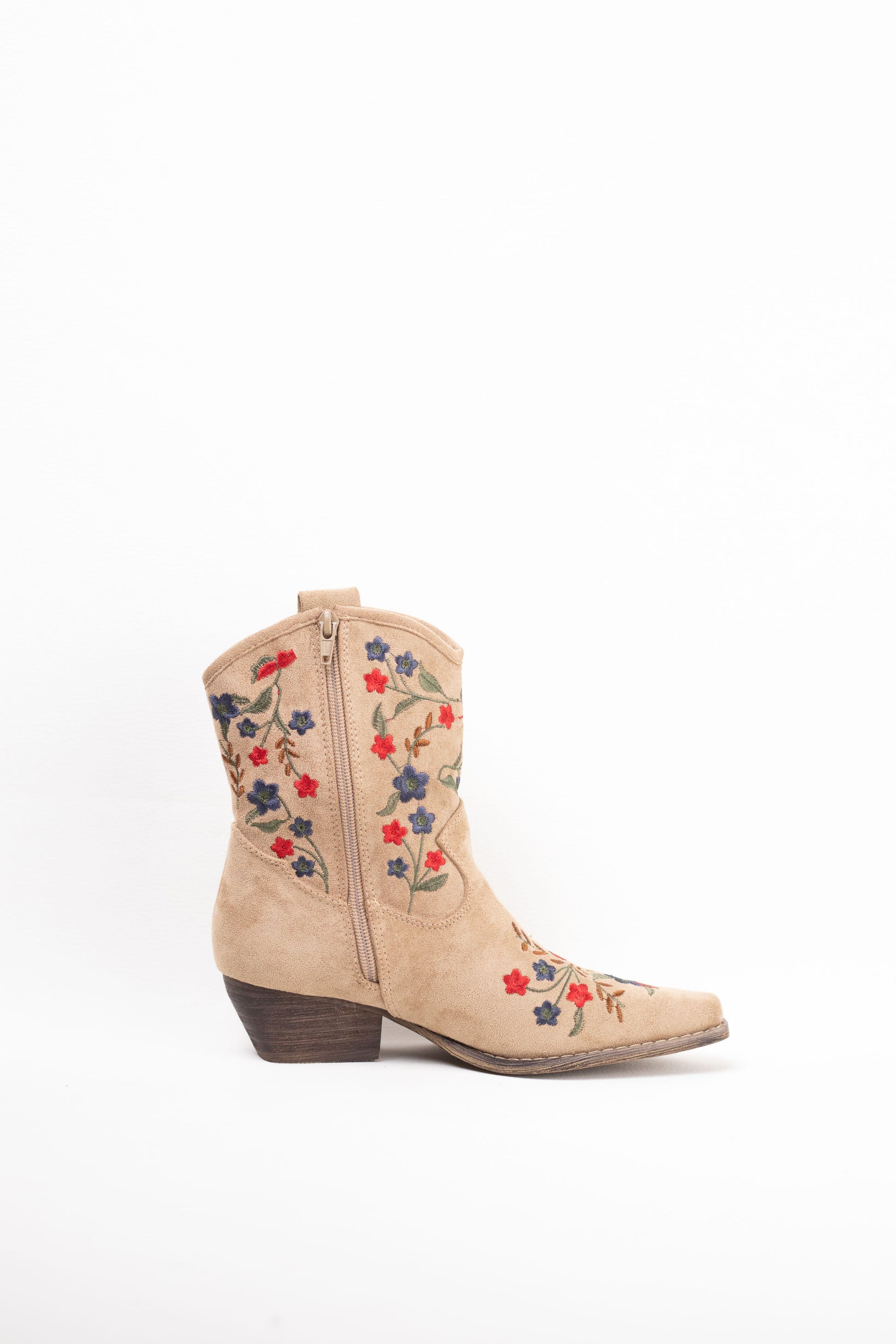 botines cowboy mujer tacon bajo con bordado de flores de colores Camel 40