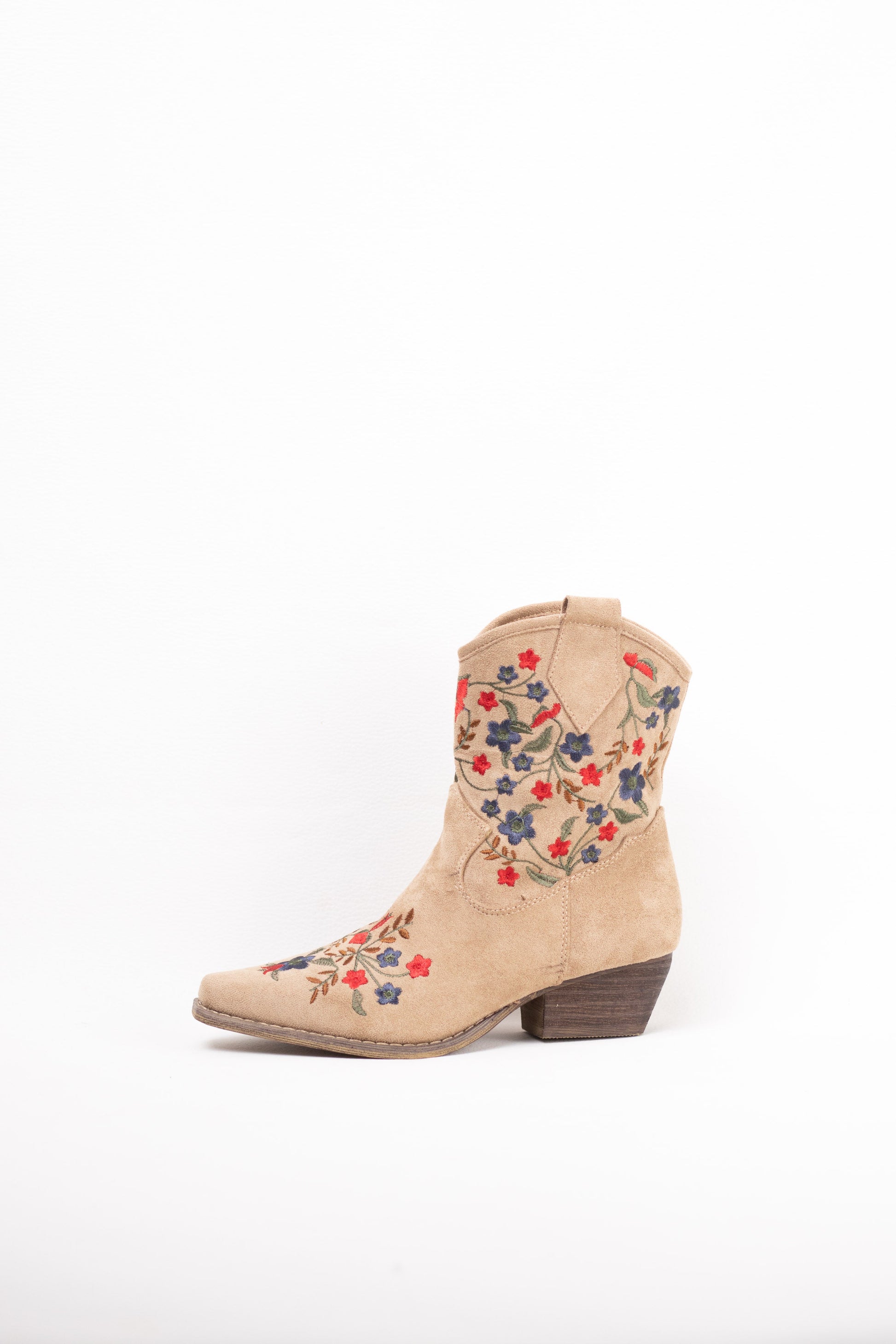 botines cowboy mujer tacon bajo con bordado de flores de colores Camel 39