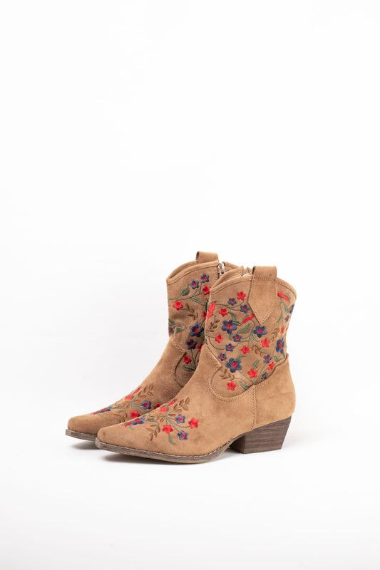 botines cowboy mujer tacon bajo con bordado de flores de colores Beige 36