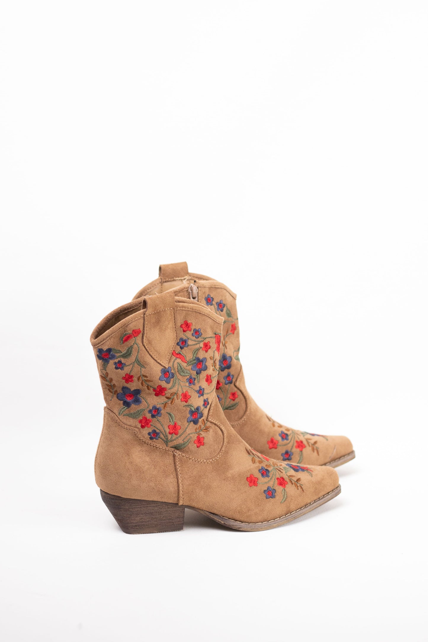 botines cowboy mujer tacon bajo con bordado de flores de colores Beige 38