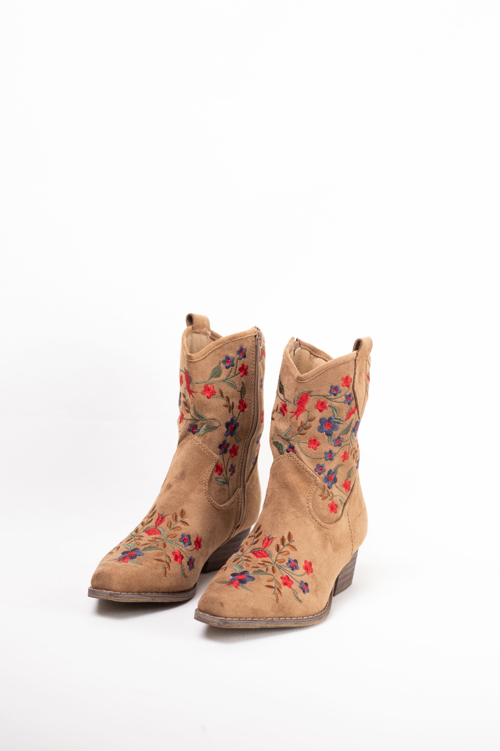 botines cowboy mujer tacon bajo con bordado de flores de colores Beige 37