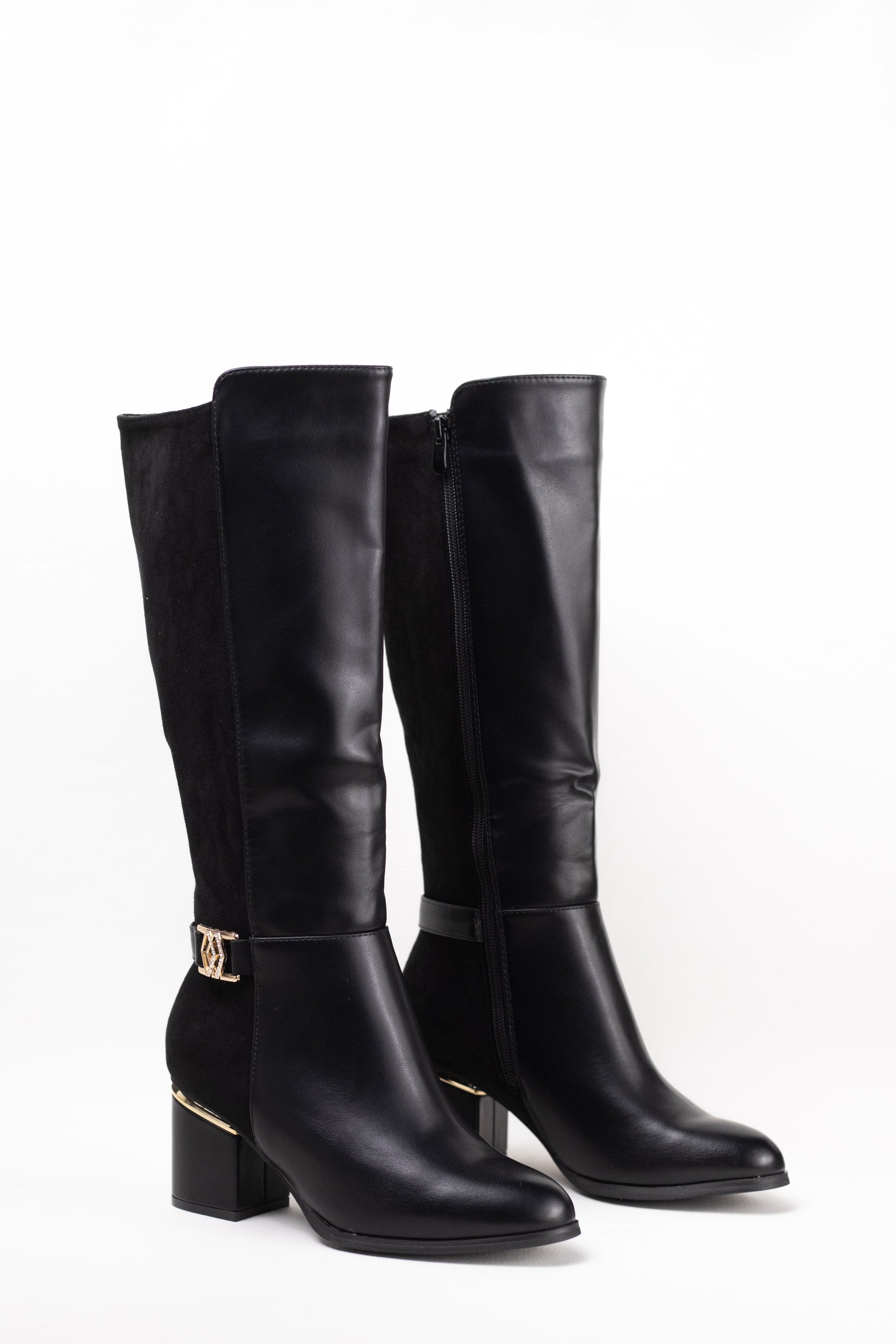 botas altas mujer con tacon alto y adorno metalico Negro 39