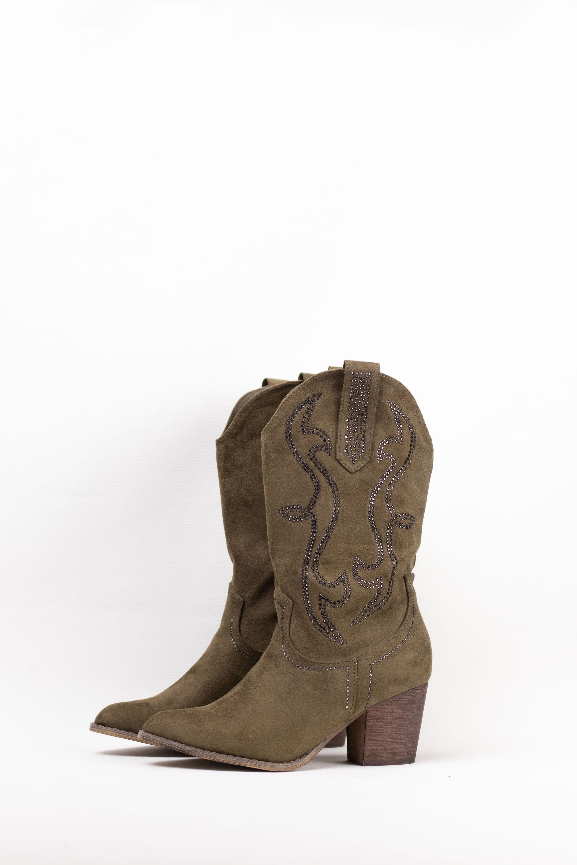 botas cowboy mujer abordadas con strass con tacon madera Verde militar 36