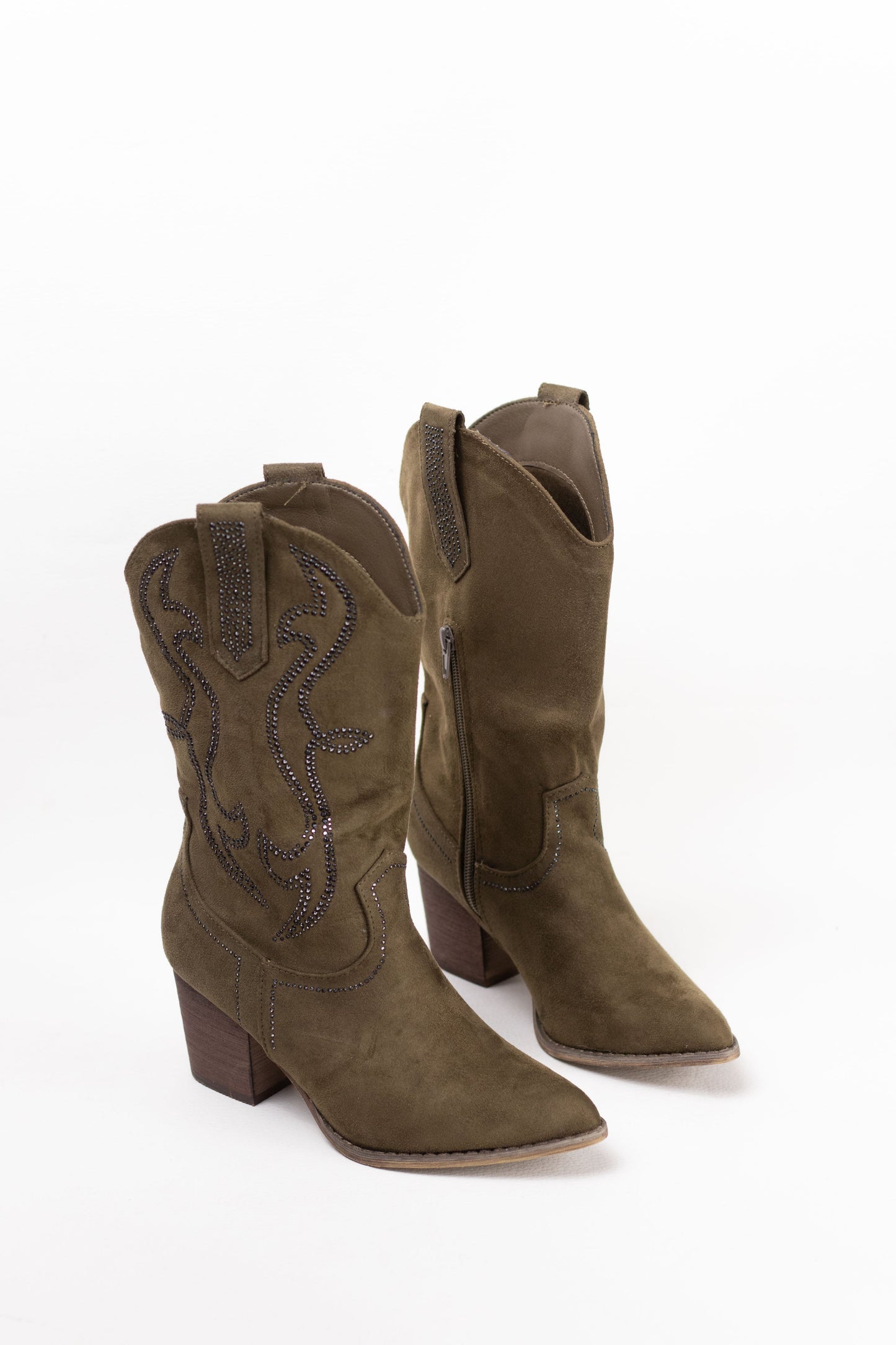 botas cowboy mujer abordadas con strass con tacon madera Verde militar 38