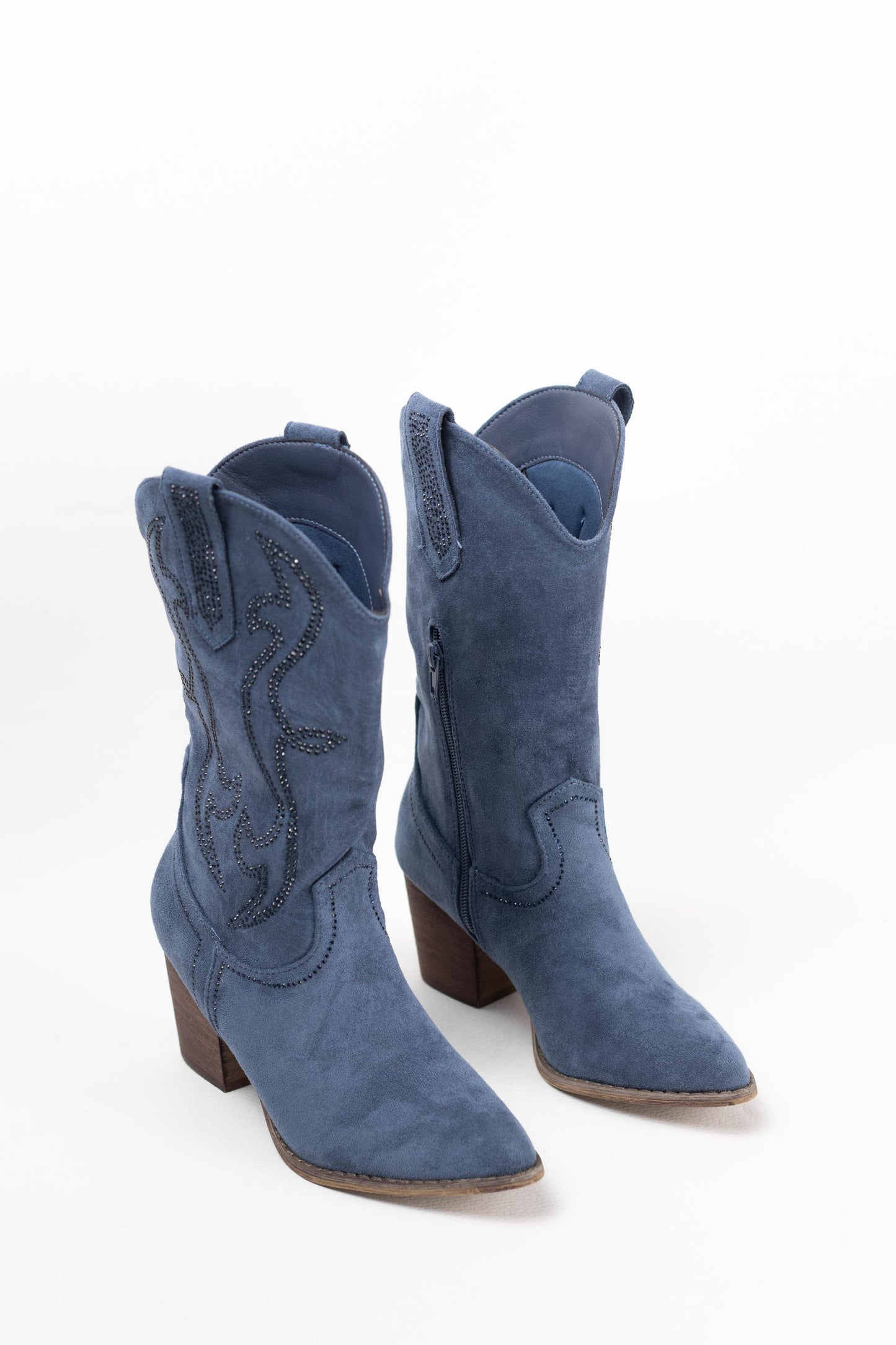 botas cowboy mujer abordadas con strass con tacon madera Azul 37