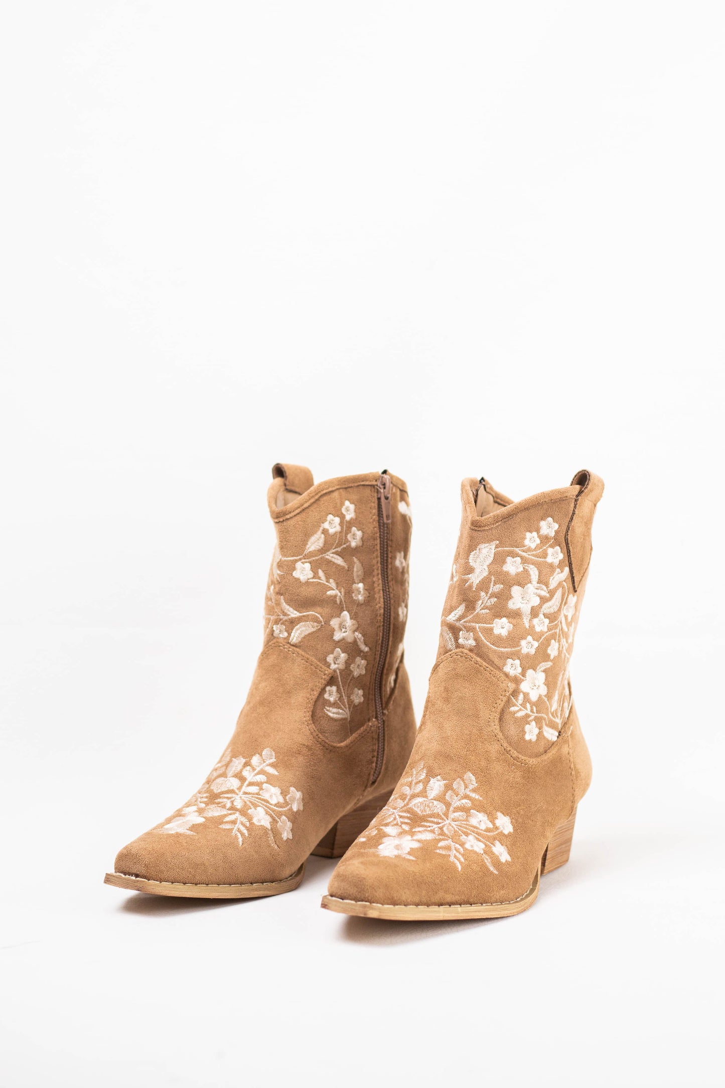 botines cowboy mujer tacon bajo con bordado de flores de colores Camel/blanco 38