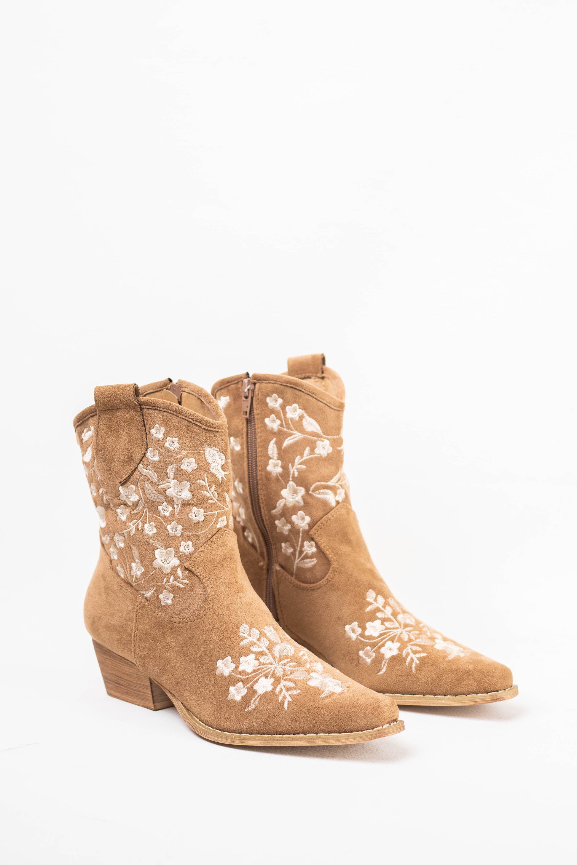 botines cowboy mujer tacon bajo con bordado de flores de colores Camel/blanco 36