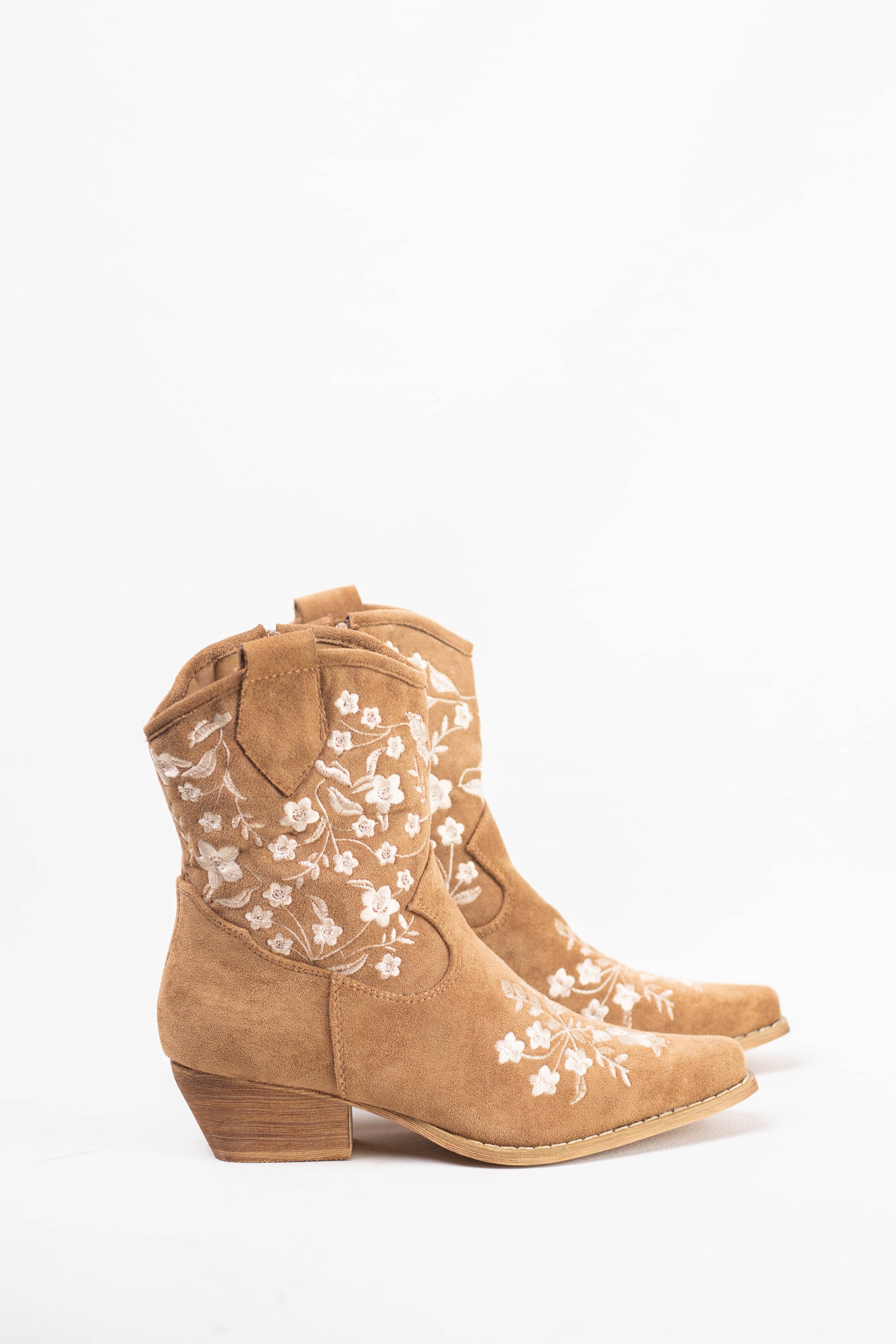 botines cowboy mujer tacon bajo con bordado de flores de colores Camel/blanco 37