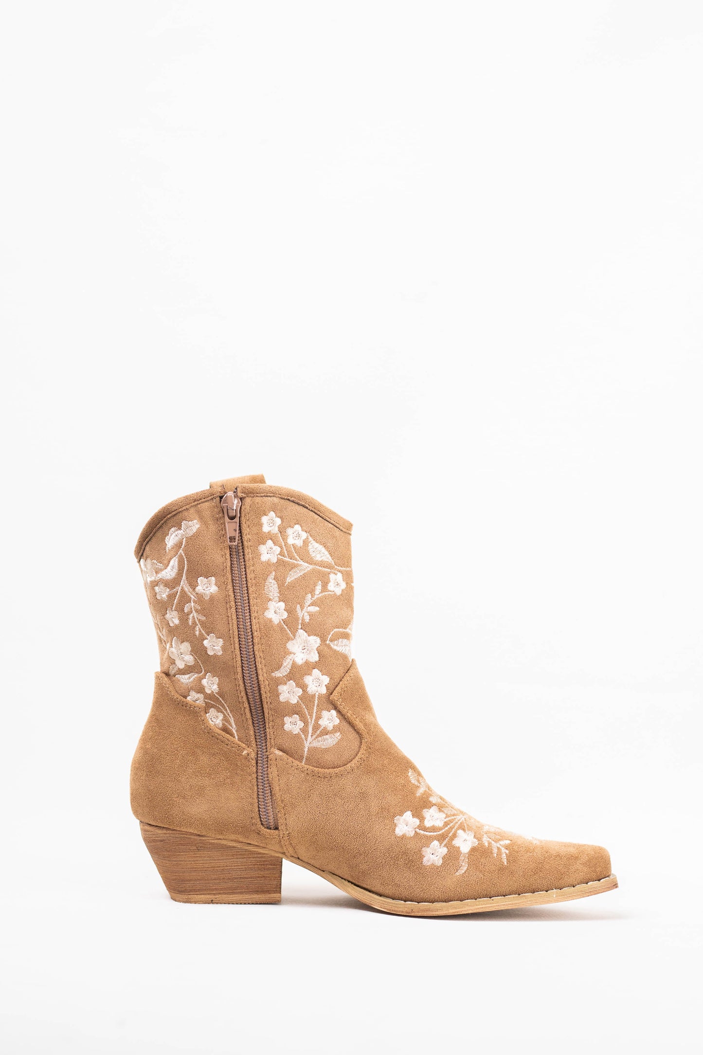 botines cowboy mujer tacon bajo con bordado de flores de colores Camel/blanco 40