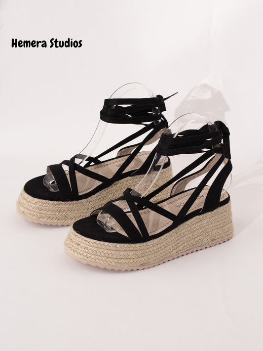 sandalias espartos plataforma con cordones mujer BLACK 40