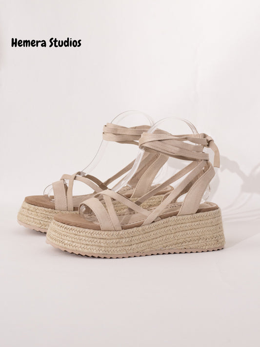 sandalias espartos plataforma con cordones mujer BEIGE 37