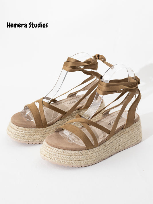 sandalias espartos plataforma con cordones mujer BEIGE 39