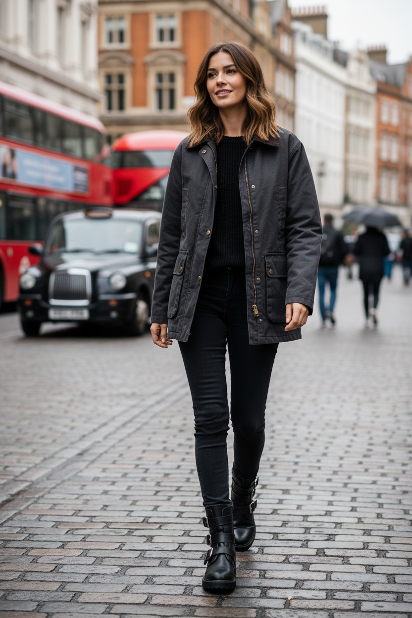 Chaqueta encerada con cuello de pana y bolsillos estilo clásico
