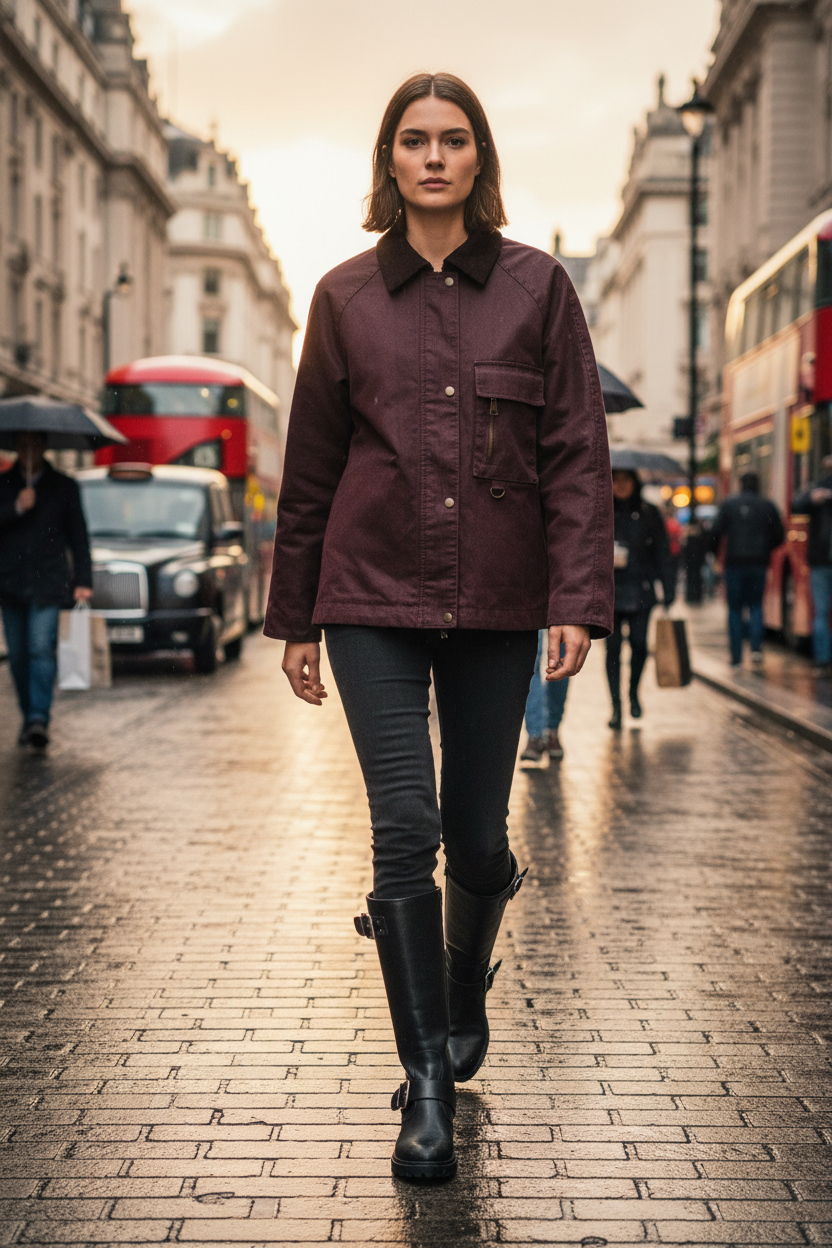 Chaqueta de algodón encerado con cuello de pana bolsillo frontal con cremallera