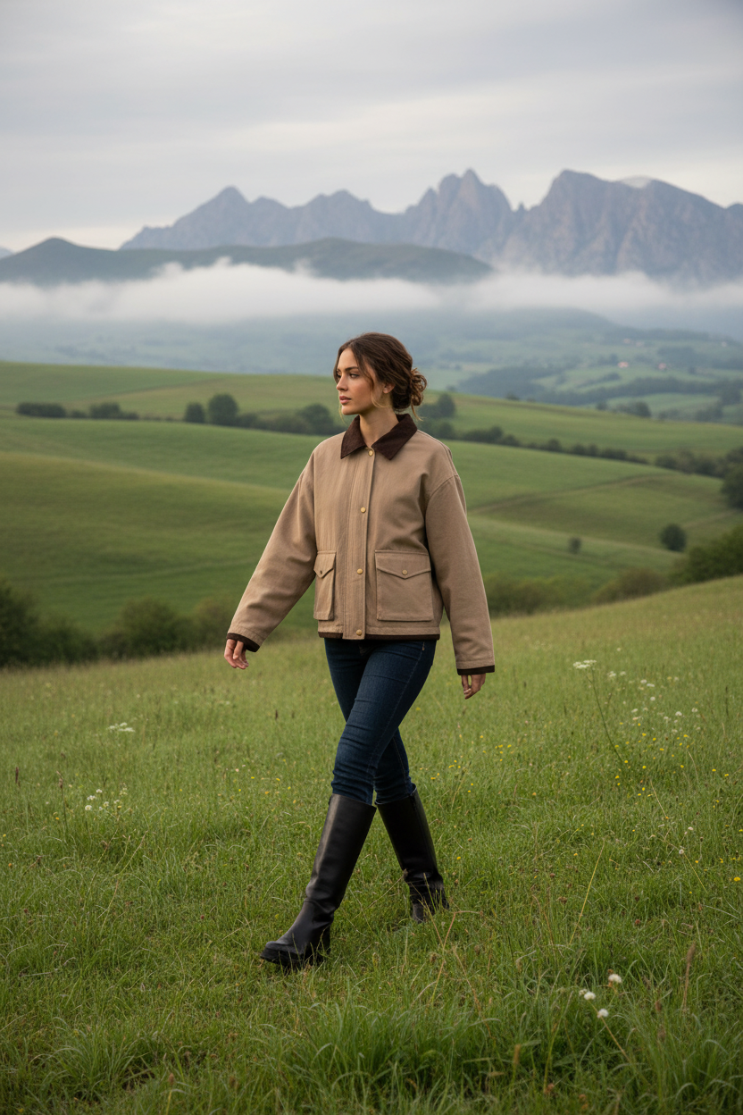 Chaqueta corta estilo workwear con cuello contrastado