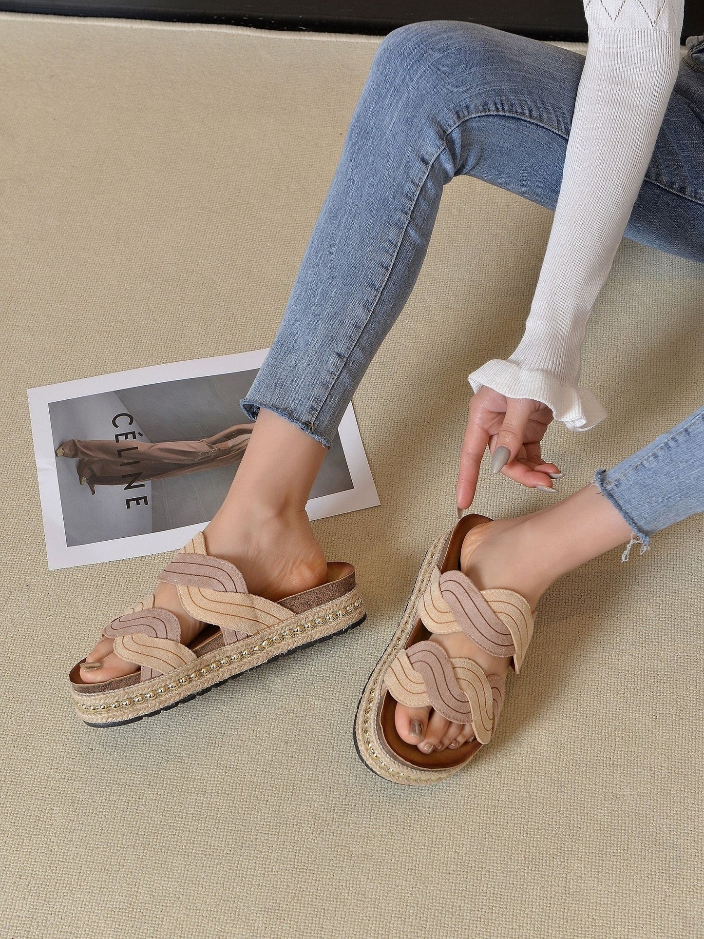 sandalias esparto plataforma tachuelas Beige 36