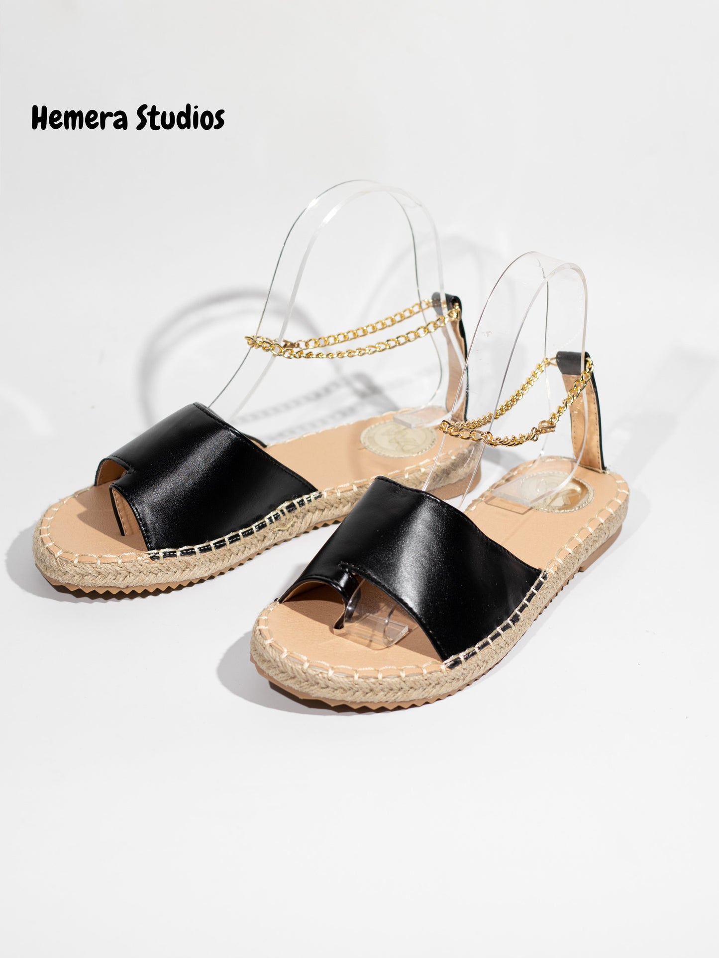 sandalias planas de esparto con tobillera de cadena en dorado Negro 37