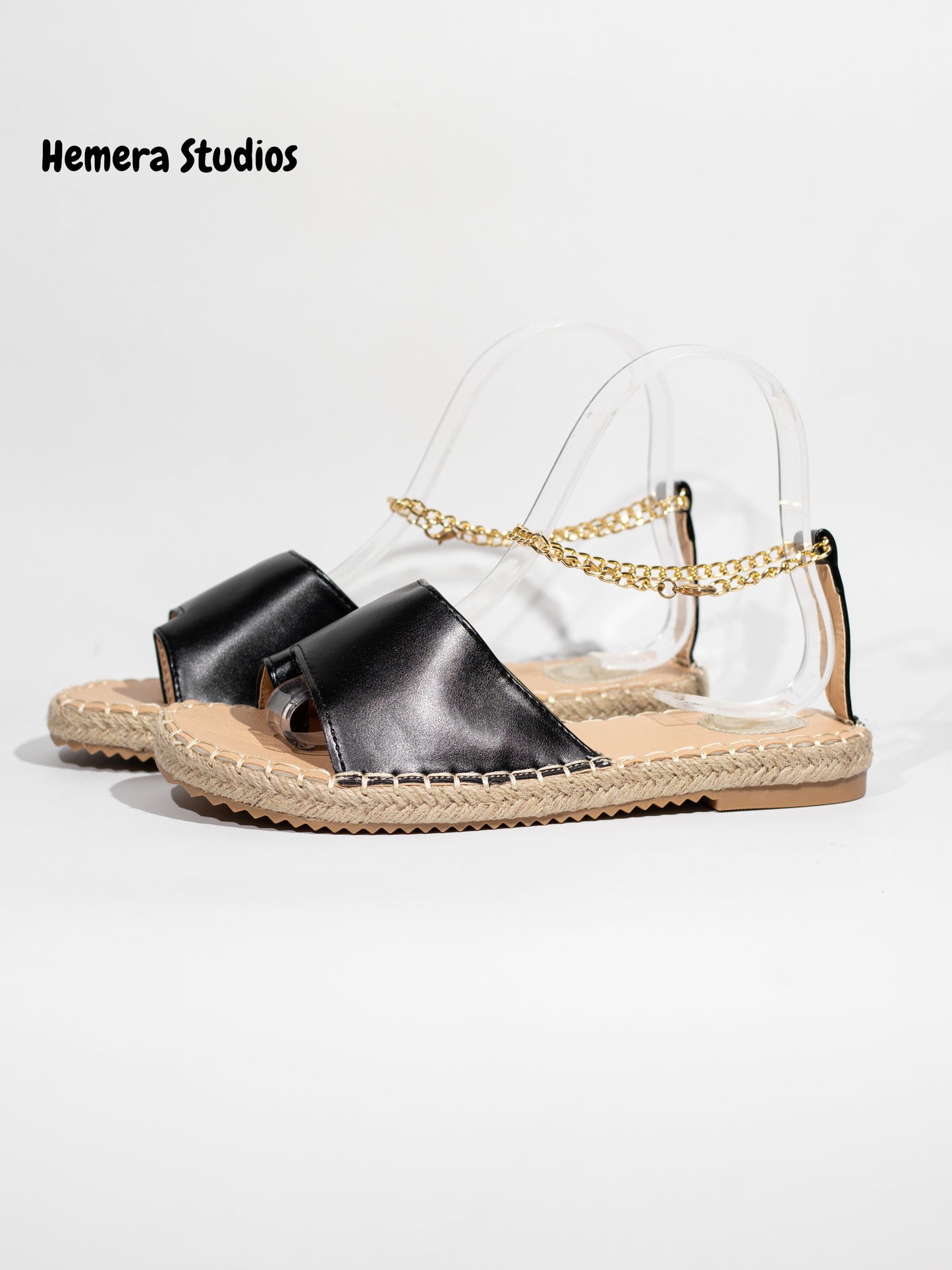 sandalias planas de esparto con tobillera de cadena en dorado Negro 36