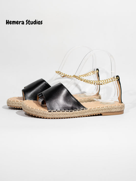 sandalias planas de esparto con tobillera de cadena en dorado Negro 36