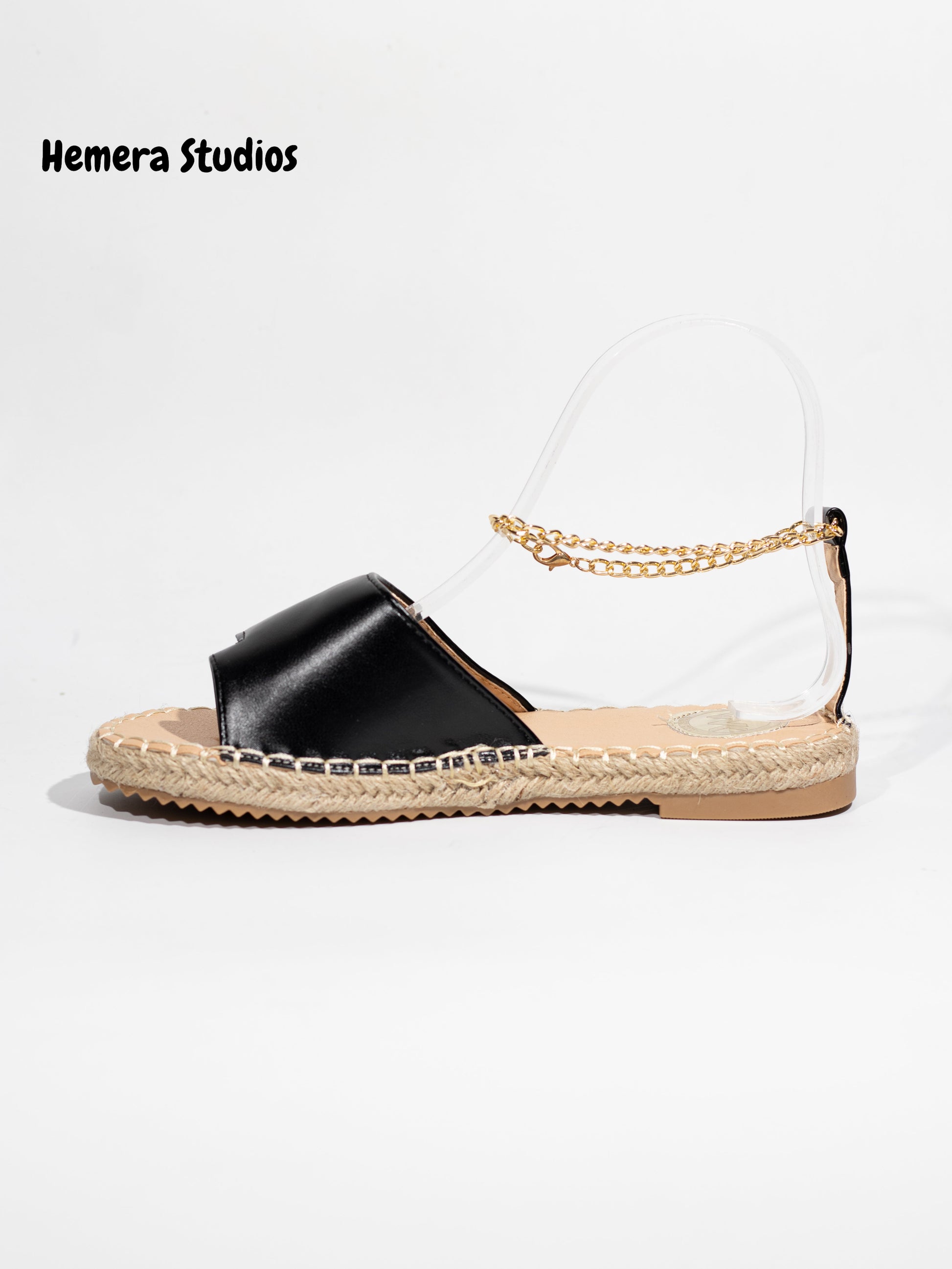 sandalias planas de esparto con tobillera de cadena en dorado Negro 39