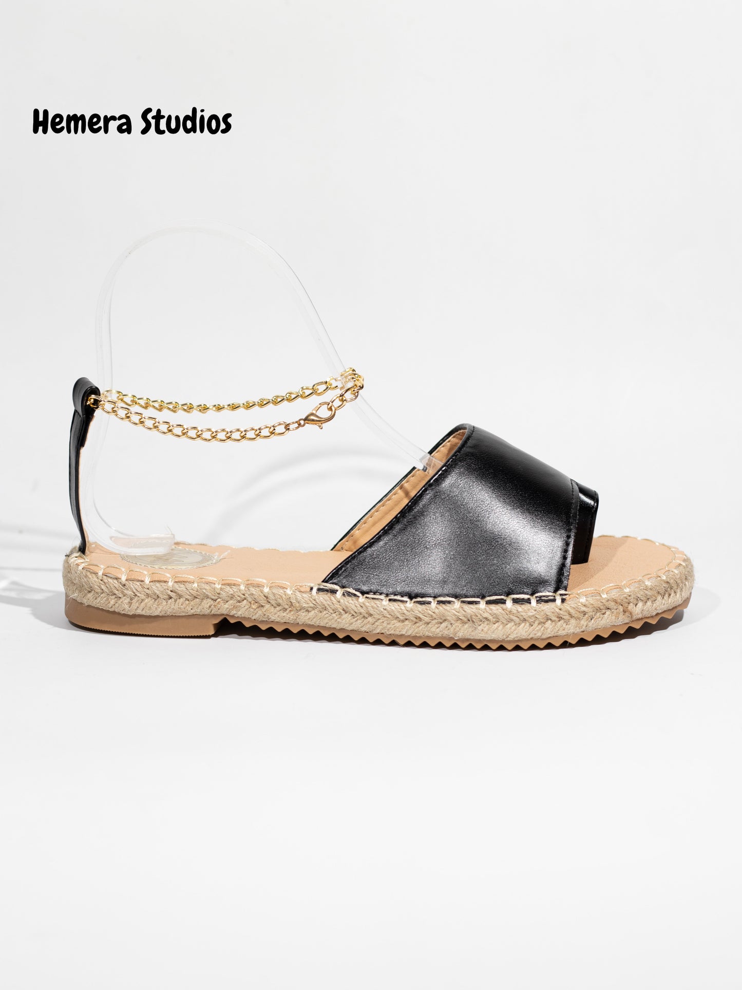 sandalias planas de esparto con tobillera de cadena en dorado Negro 38